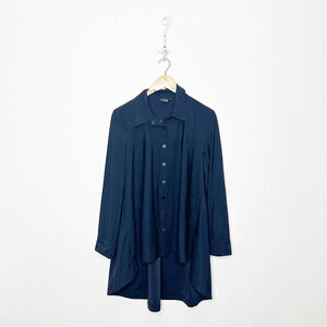 LISA BAYNE Collared Shirt Tail Hem Button Up Tunic Black Lagenlook Boxy womens S